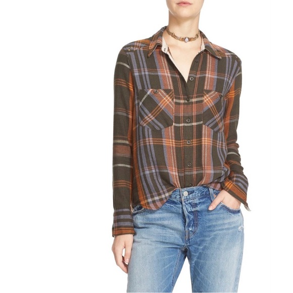 Free People Plaid Shirt Jacket in Olive, Rust & Blue - Picture 6 of 9